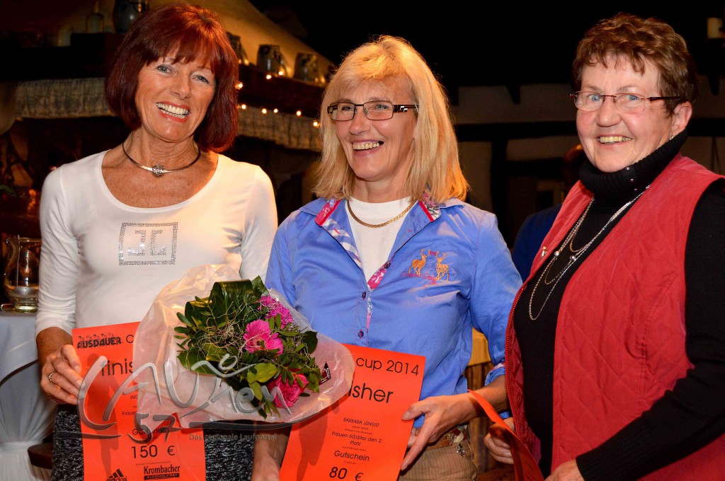 Frauen 60/älter (von links): 1. Ingrid Ebener '49 (TG Rudersdorf), 2. Barbara Jüngst '54 (:anlauf Siegen),  4. Inge Behlau '41 (TV Eichen).