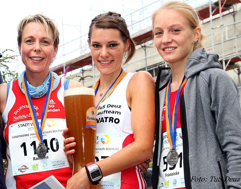Die drei schnellsten Frauen über die Halbmarathonstrecke (von links): Ramona Roth (SG Wenden), Gesamtsiegerin Tina Schneider (TuS Deuz) und 