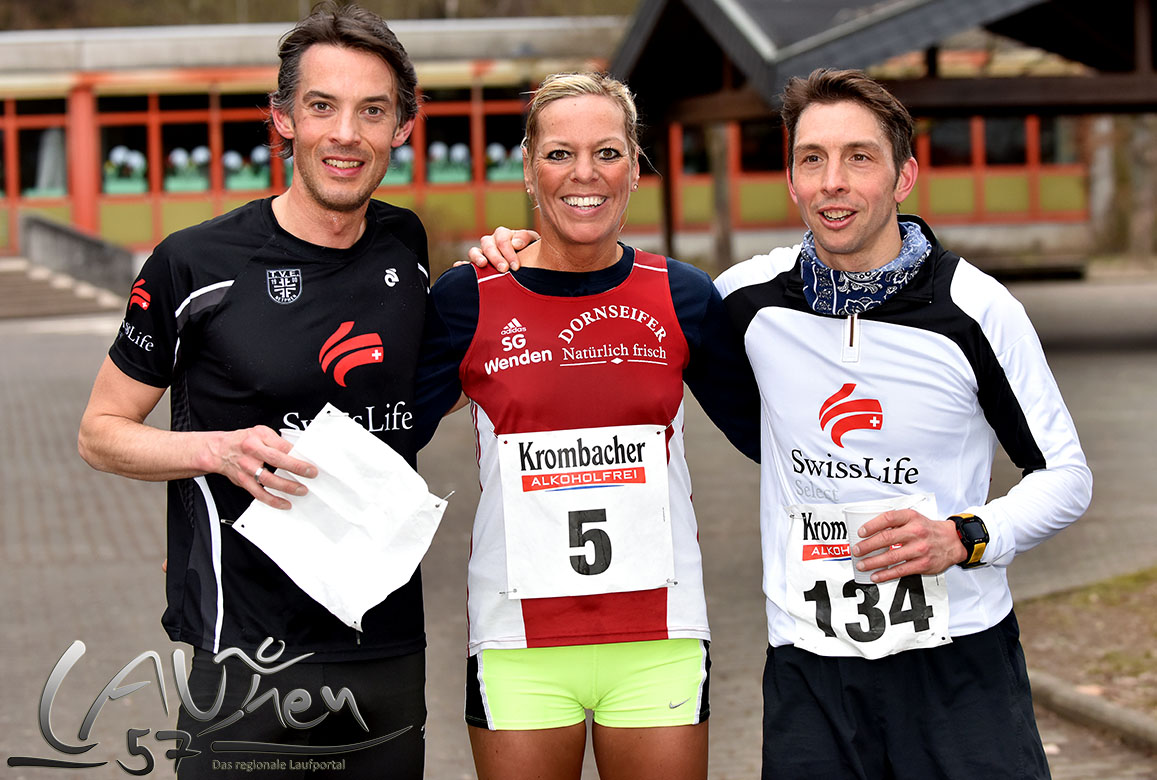 Die Sieger des 10-Kilometer-Laufs beim 30. Goetzelauf des TuS DJK Herdorf, dem 1. Lauf zum Ausdauer-Cup 2016 (v.l.): Patrick Löhr, Christl Dörschel und Christoph Bergmann.